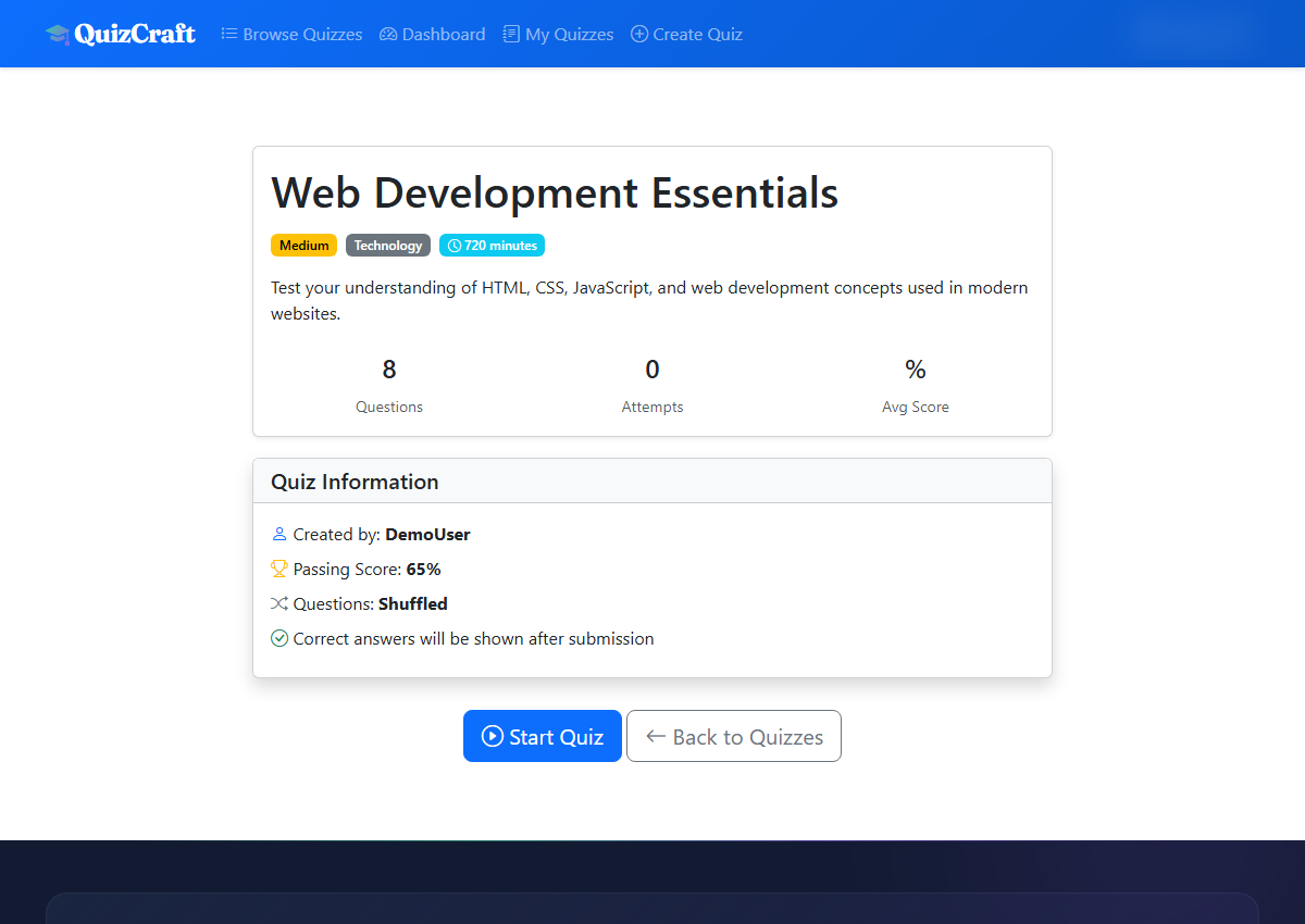 Quiz detail with questions